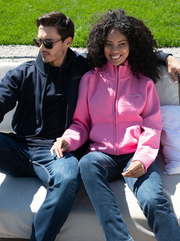 Pinke Unisex Stehkragen-Sweatjacke, gerade geschnitten, mit Stehkragen und Seitentaschen