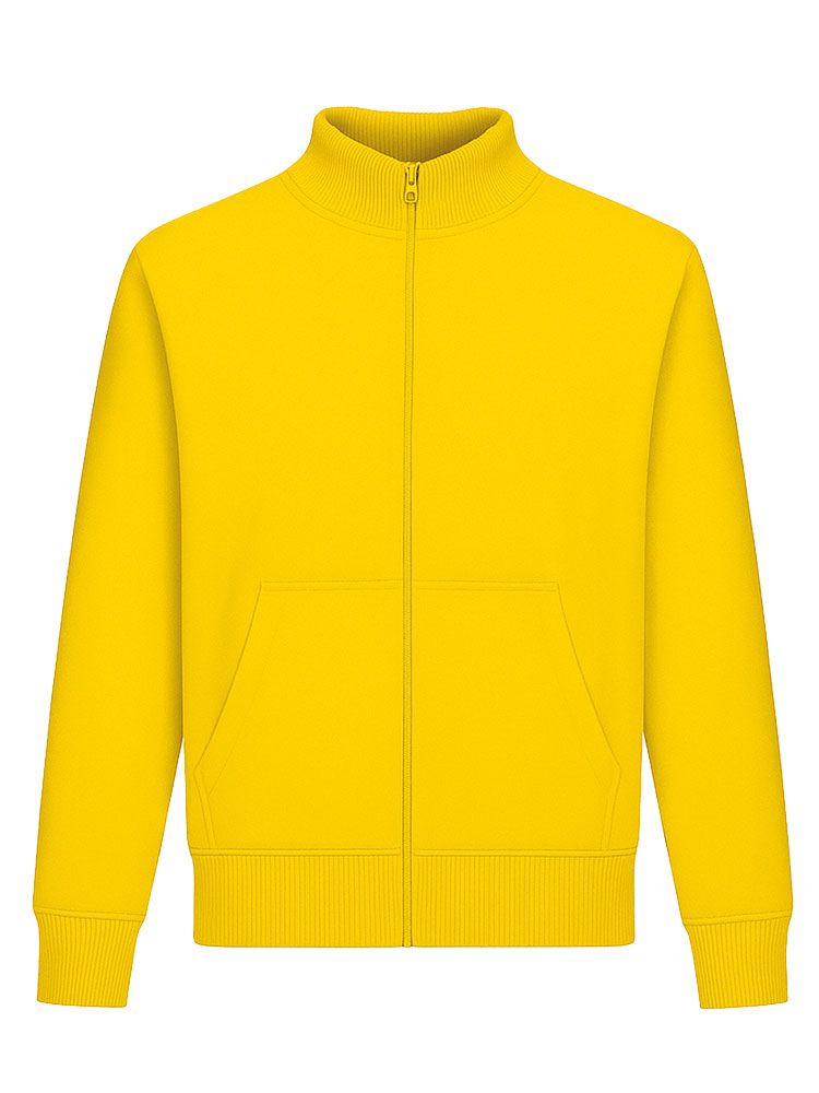 Gelbe Unisex Stehkragen-Sweatjacke, gerade geschnitten, mit Stehkragen und Seitentaschen