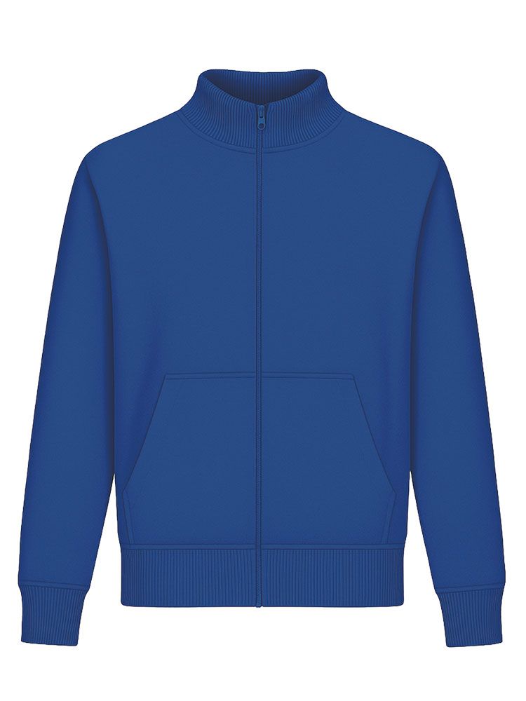 Blaue Unisex Stehkragen-Sweatjacke, gerade geschnitten, mit Stehkragen und Seitentaschen