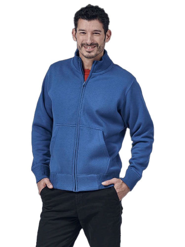 Blaue Unisex Stehkragen-Sweatjacke, gerade geschnitten, mit Stehkragen und Seitentaschen