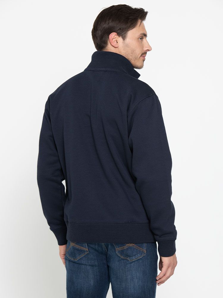 Marineblaue Unisex Stehkragen-Sweatjacke, gerade geschnitten, mit Stehkragen und Seitentaschen