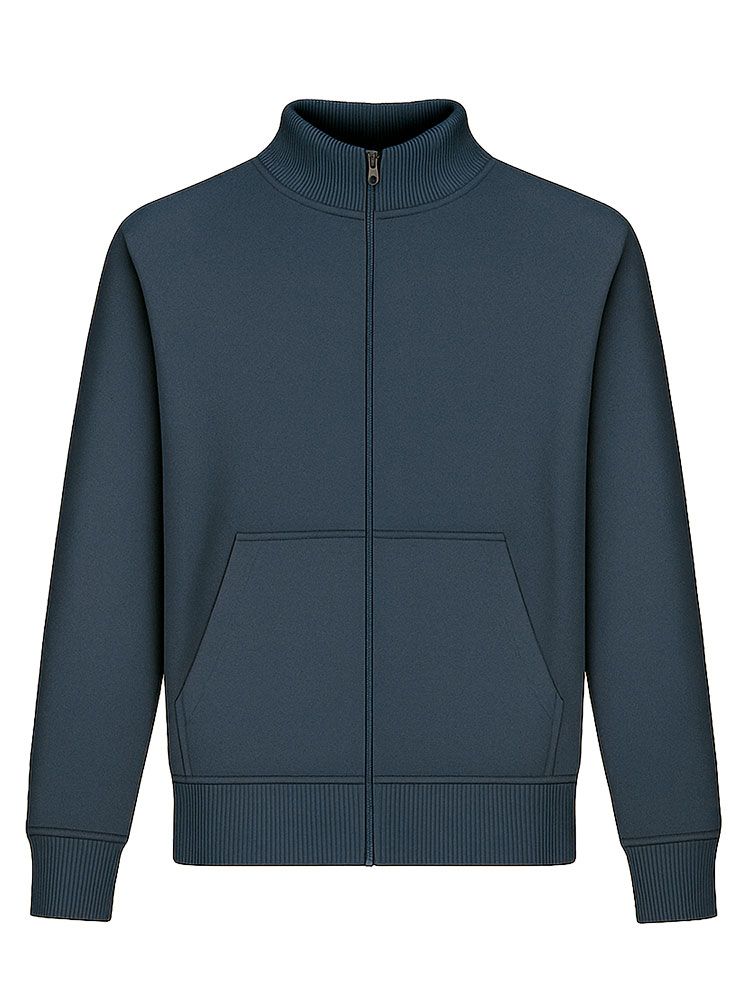 Marineblaue Unisex Stehkragen-Sweatjacke, gerade geschnitten, mit Stehkragen und Seitentaschen