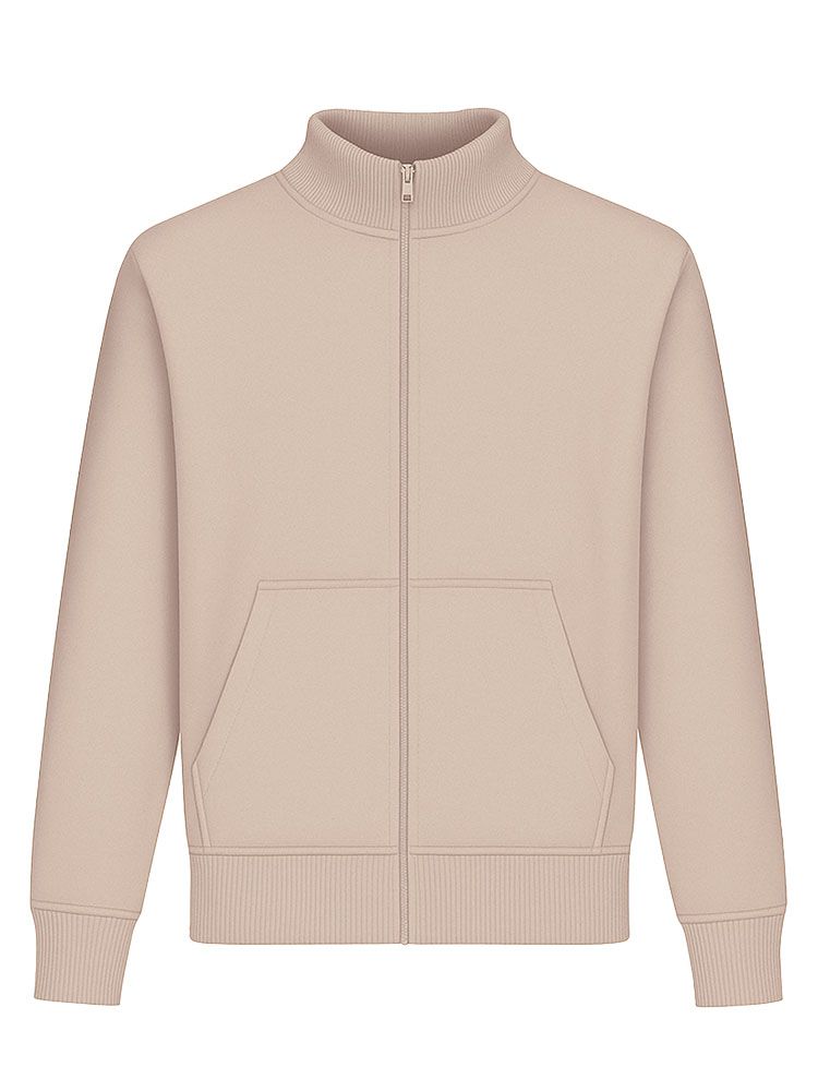 Beigefarbene Unisex Stehkragen-Sweatjacke, gerade geschnitten, mit Stehkragen und Seitentaschen