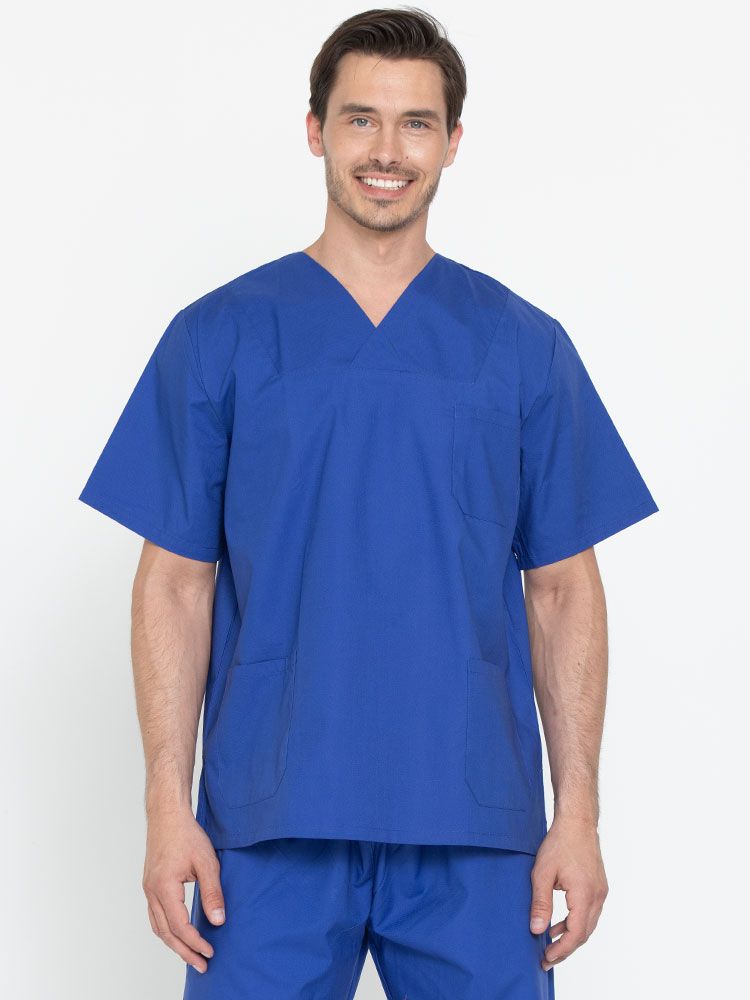 Unisex Pflegekasack in Blau mit Taschen – COMO Deluxe Serie, bequem, hygienisch waschbar, ideal für Pflegepersonal und medizinisches Fachpersonal