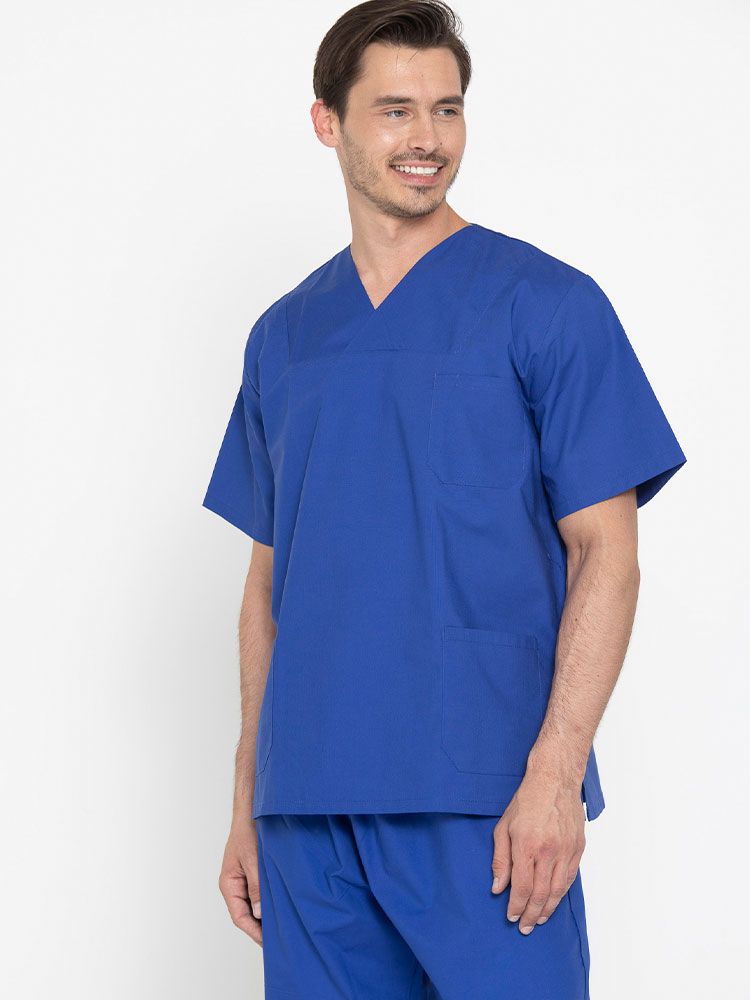 Unisex Pflegekasack in Blau mit Taschen – COMO Deluxe Serie, bequem, hygienisch waschbar, ideal für Pflegepersonal und medizinisches Fachpersonal