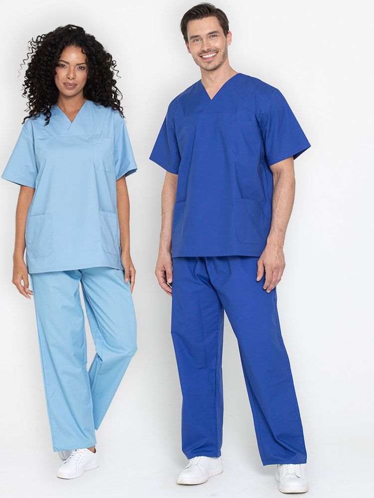 Unisex Pflegekasack in Blau mit Taschen – COMO Deluxe Serie, bequem, hygienisch waschbar, ideal für Pflegepersonal und medizinisches Fachpersonal