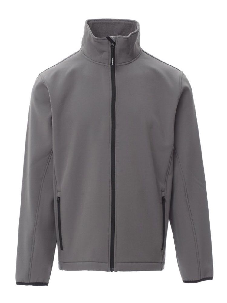 Taillierte Herren Softshelljacke in Grau mit wasserabweisender Beschichtung, 2-Wege-Reißverschluss und elastischen Ärmelbündchen – ideal für Gastronomie, Hotel und Verkauf.