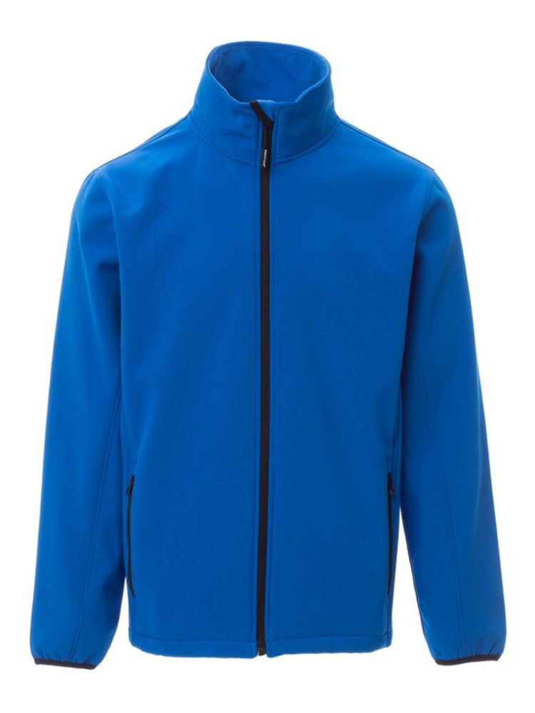 Taillierte Herren Softshelljacke in Blau mit wasserabweisender Beschichtung, 2-Wege-Reißverschluss und elastischen Ärmelbündchen – ideal für Gastronomie, Hotel und Verkauf.