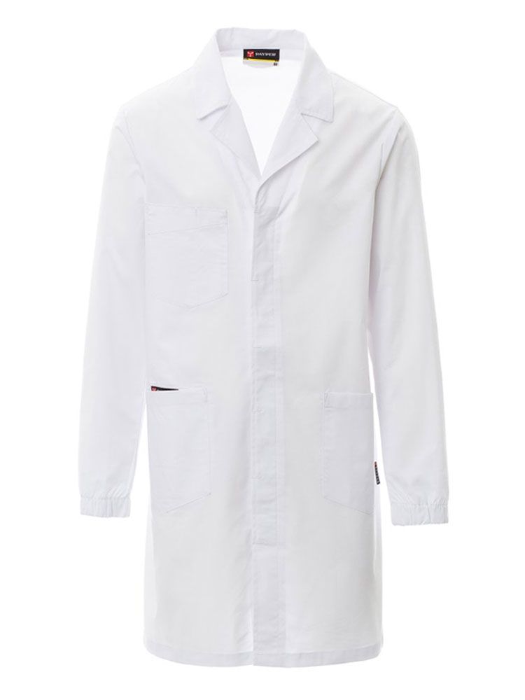 Weißer Laborkittel für Herren mit Reverskragen und Taschen, in großen Größen erhältlich