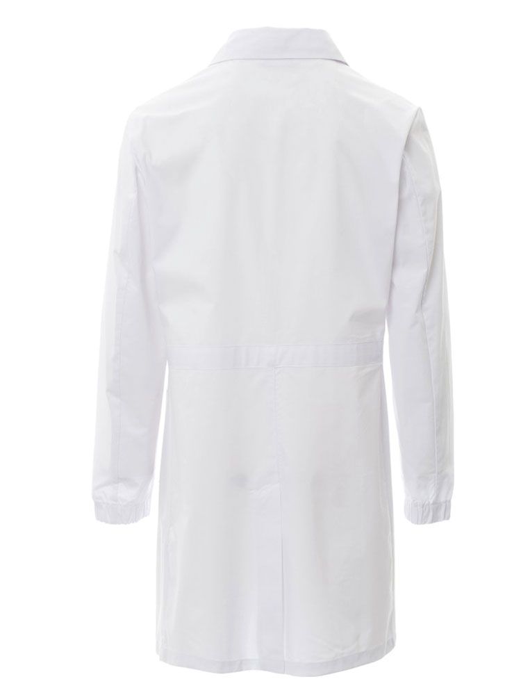 Weißer Laborkittel für Herren mit Reverskragen und Taschen, in großen Größen erhältlich