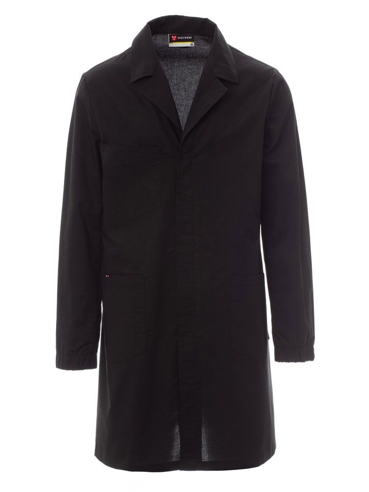 schwarzer Herren Laborkittel mit Reverskragen, Taschen und verdeckter Knopfleiste