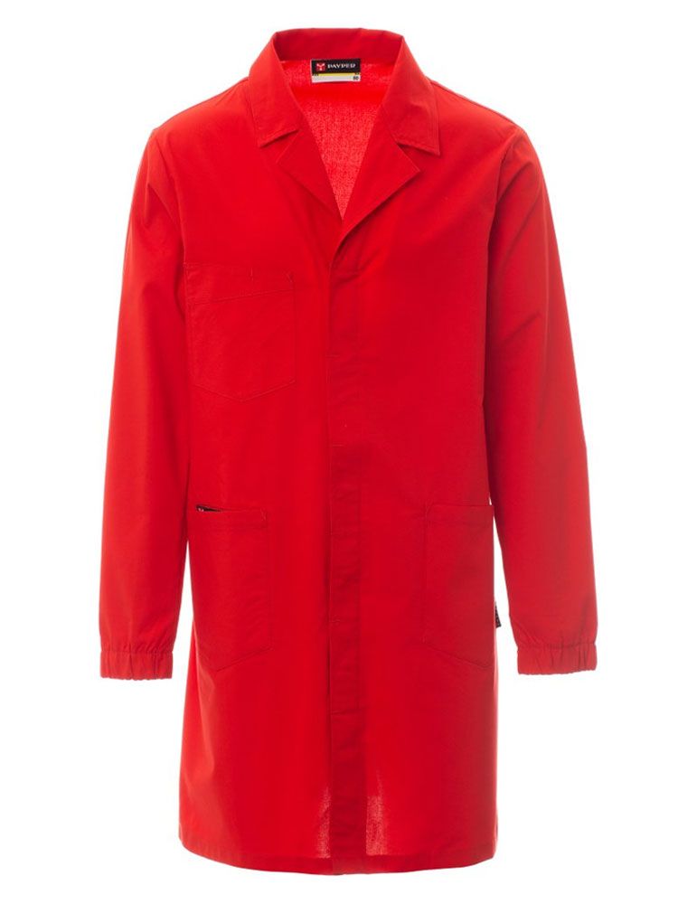 roter Herren Laborkittel mit Reverskragen, Taschen und verdeckter Knopfleiste