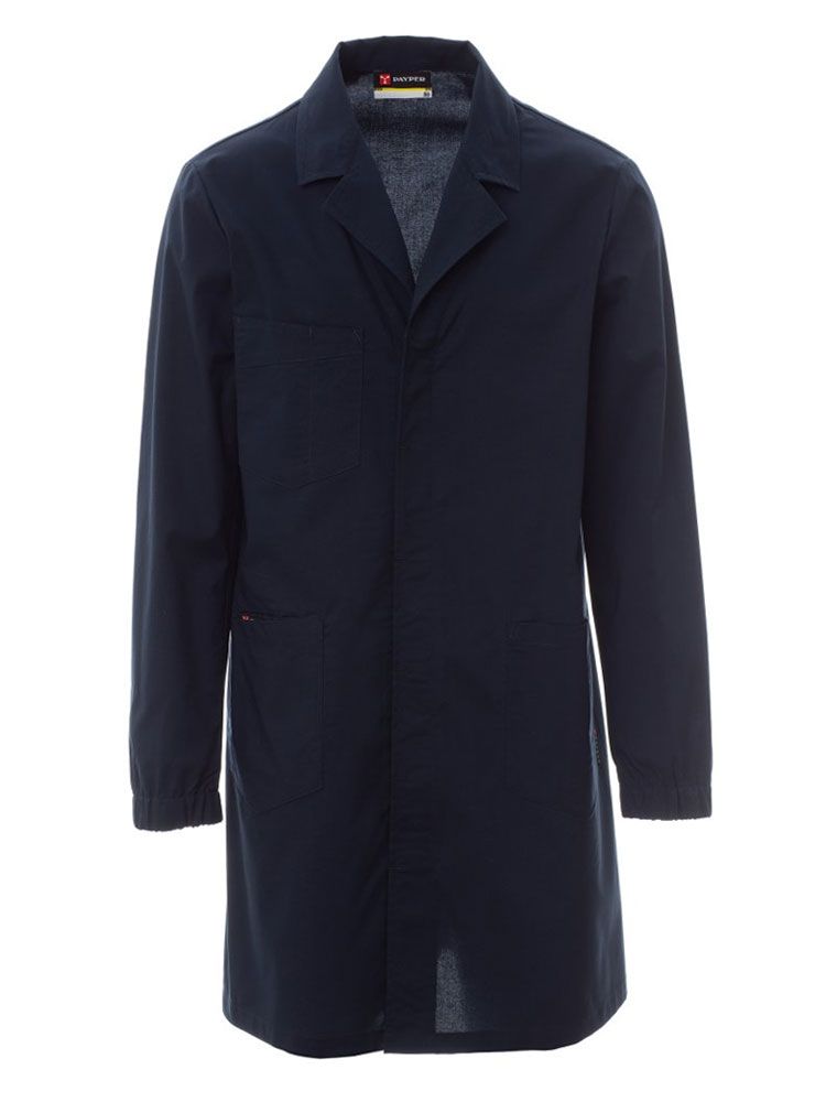 dunkelblauer Herren Laborkittel mit Reverskragen, Taschen und verdeckter Knopfleiste