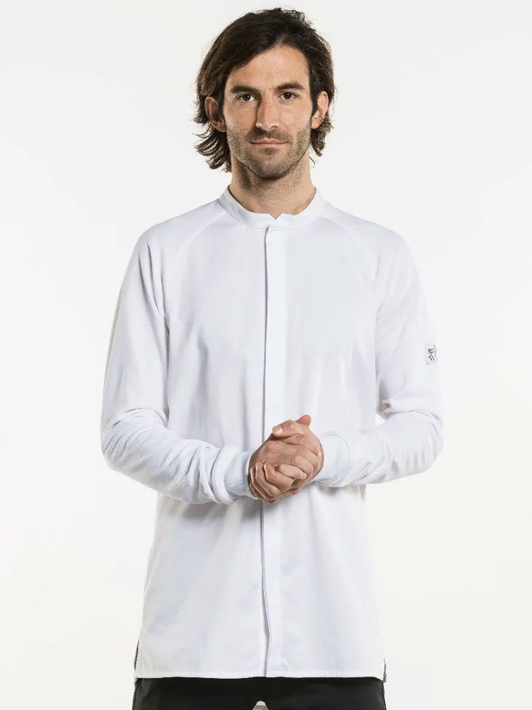 Weiße Kochjacke für Herren in Slim Fit – mit elastischem Rücken und Raglanärmeln, ideal für Küche & Gastronomie