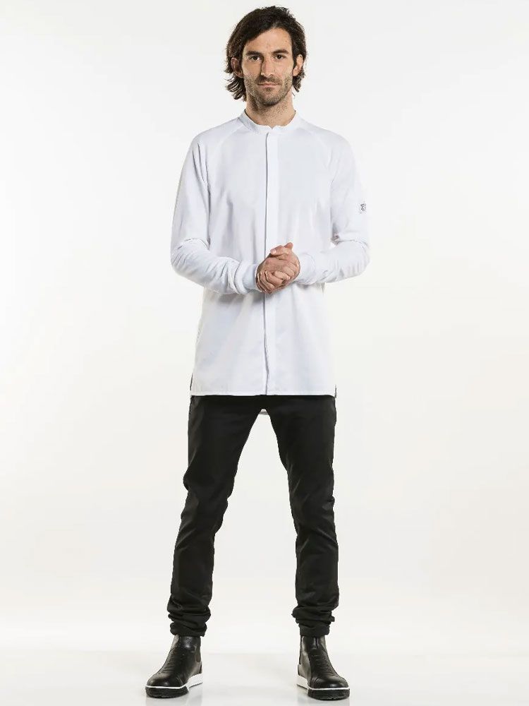 Weiße Kochjacke für Herren in Slim Fit – mit elastischem Rücken und Raglanärmeln, ideal für Küche & Gastronomie