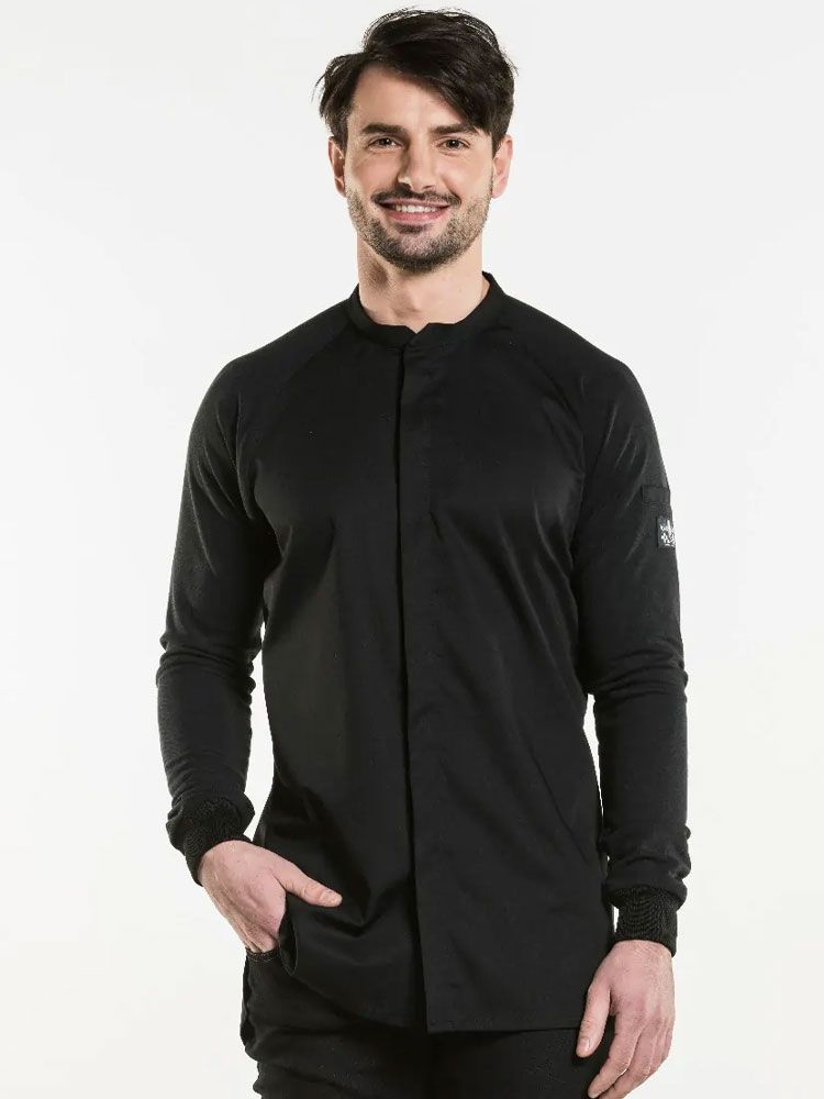 Moderne Kochjacke Herren in Schwarz mit Slim Fit und elastischen Einsätzen – ideal für professionelle Küchen und Gastronomie