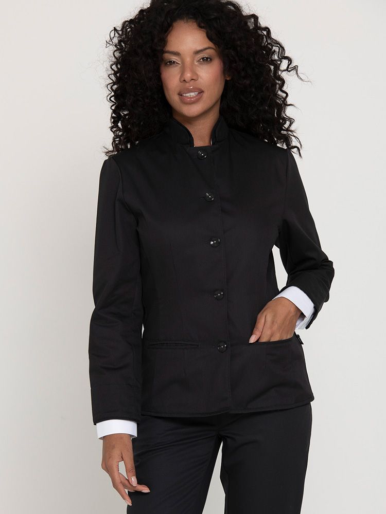 Chaqueta de servicio negra para mujer con corte entallado y cuello desmontable – ideal para hostelería y hoteles