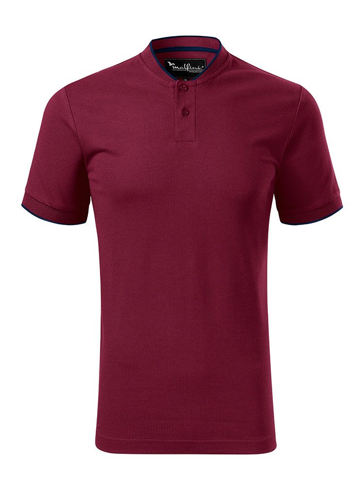 Weinrotes Herren Poloshirt ohne Kragen mit Kontraststreifen und Stehkragen in „Bomber“-Optik