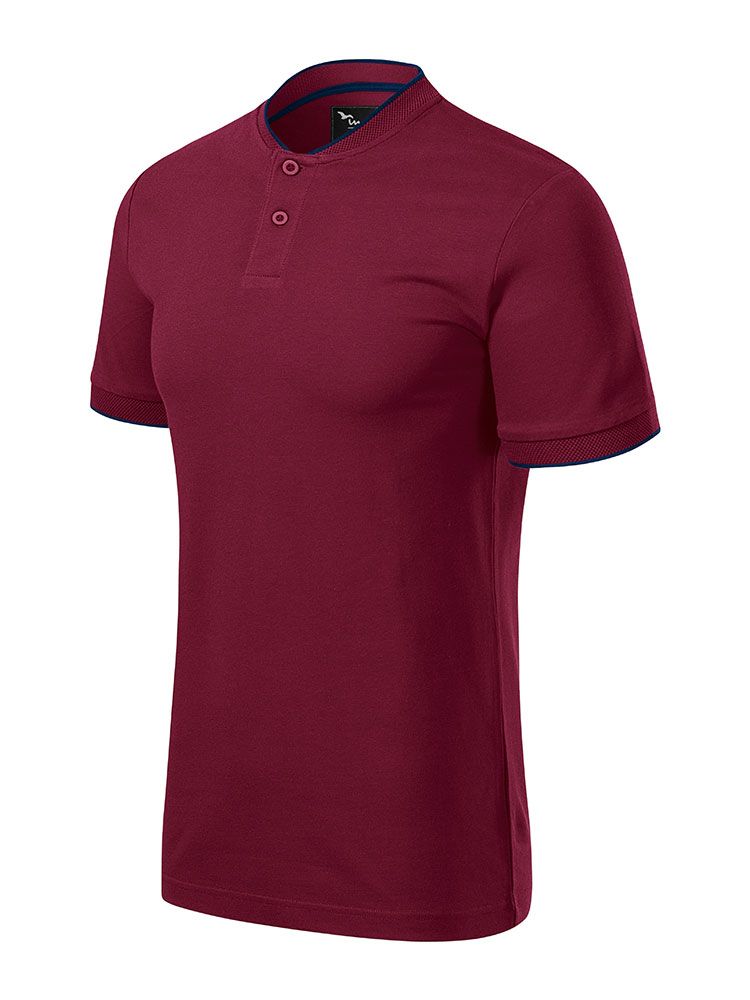 Weinrotes Herren Poloshirt ohne Kragen mit Kontraststreifen und Stehkragen in „Bomber“-Optik