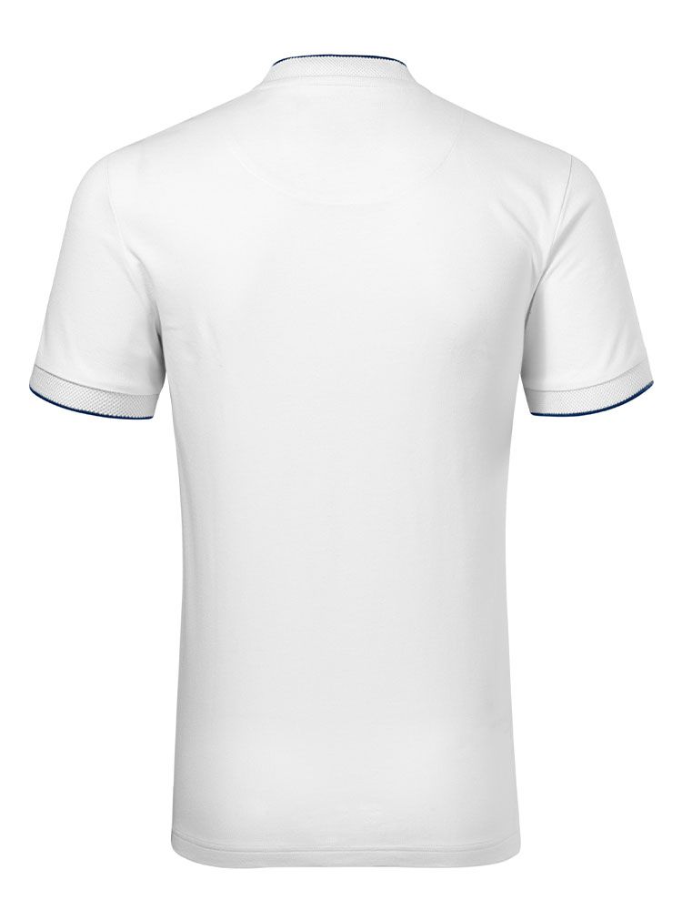 Weißes Herren Poloshirt ohne Kragen mit Kontraststreifen und Stehkragen in „Bomber“-Optik