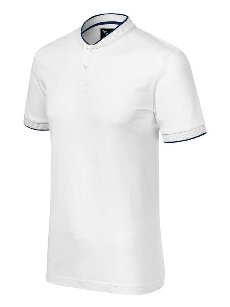 Weißes Herren Poloshirt ohne Kragen mit Kontraststreifen und Stehkragen in „Bomber“-Optik