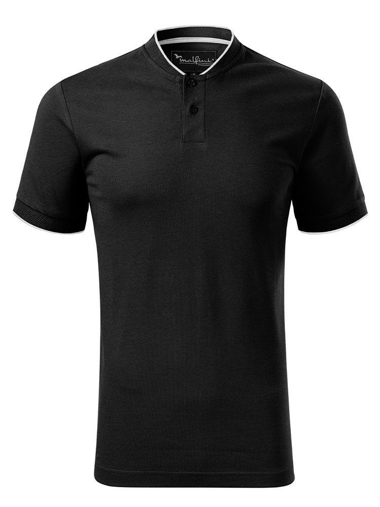 Schwarzes Poloshirt ohne Kragen für Herren mit Stehkragen und Kontraststreifen