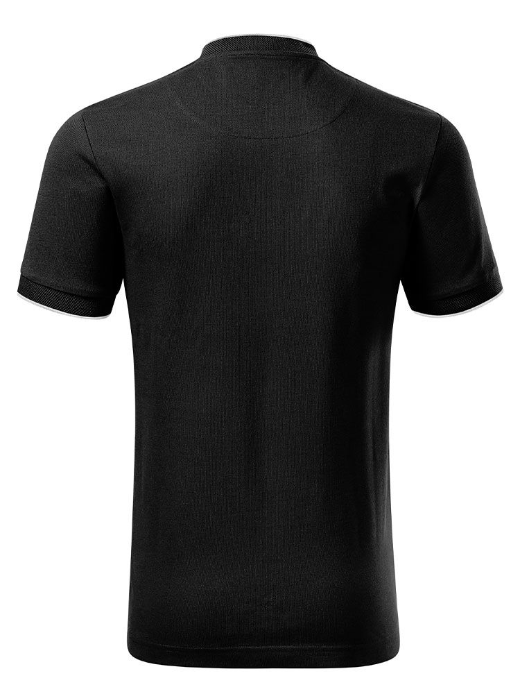 Schwarzes Poloshirt ohne Kragen für Herren mit Stehkragen und Kontraststreifen