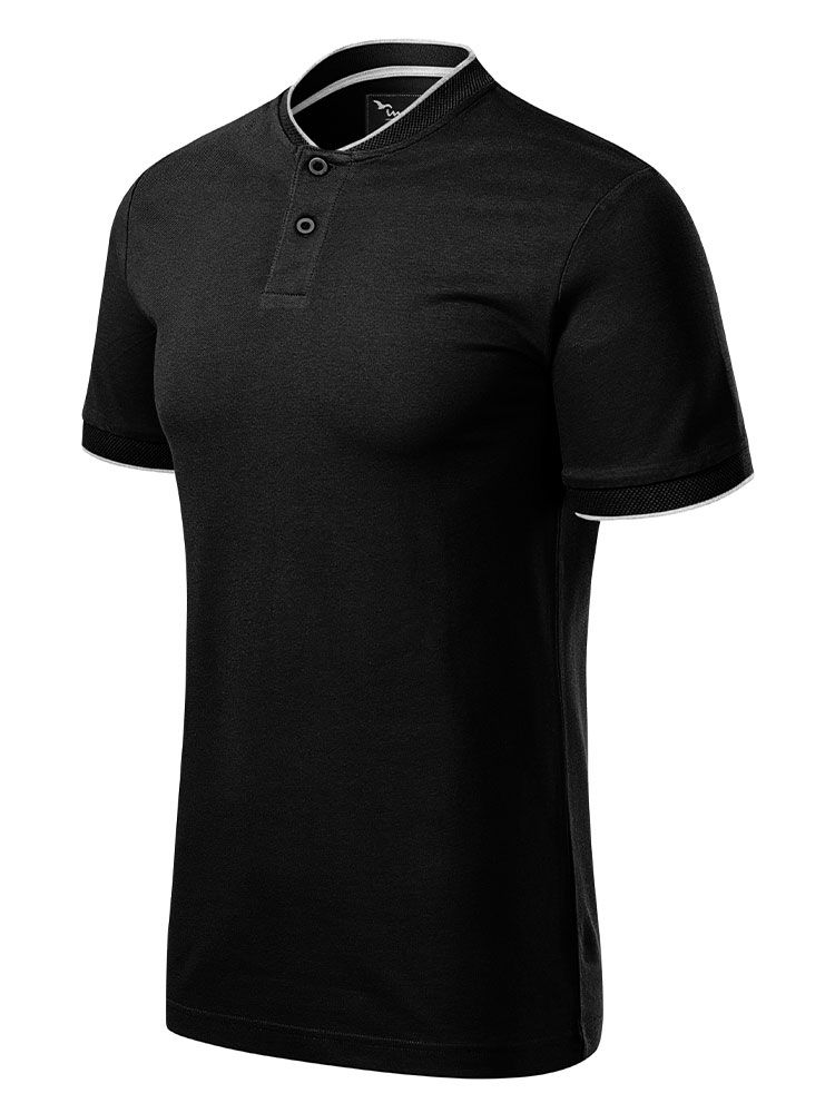 Schwarzes Poloshirt ohne Kragen für Herren mit Stehkragen und Kontraststreifen