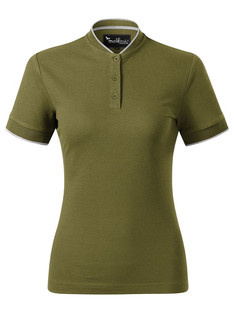 Damen Poloshirt ohne Kragen in Olivgrün mit Kontrastdetails, 8 Farben, tailliert, Größen XS–2XL