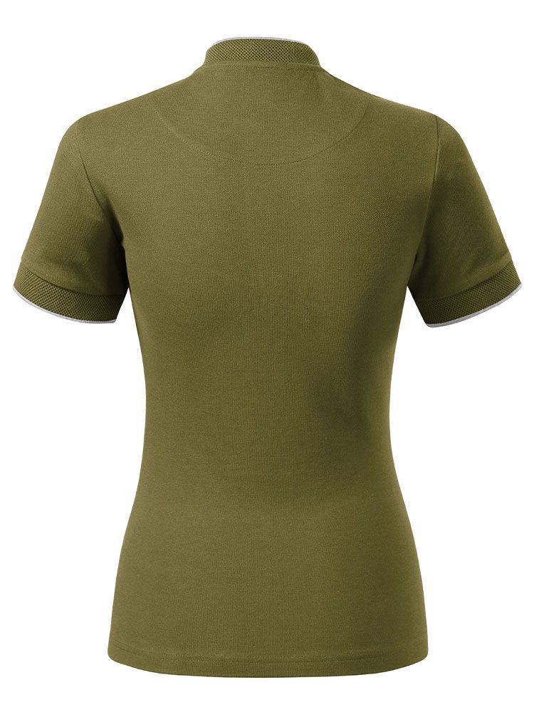 Damen Poloshirt ohne Kragen in Olivgrün mit Kontrastdetails, 8 Farben, tailliert, Größen XS–2XL