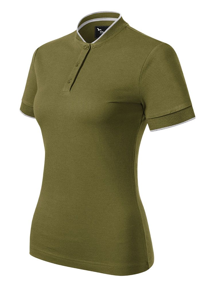 Damen Poloshirt ohne Kragen in Olivgrün mit Kontrastdetails, 8 Farben, tailliert, Größen XS–2XL