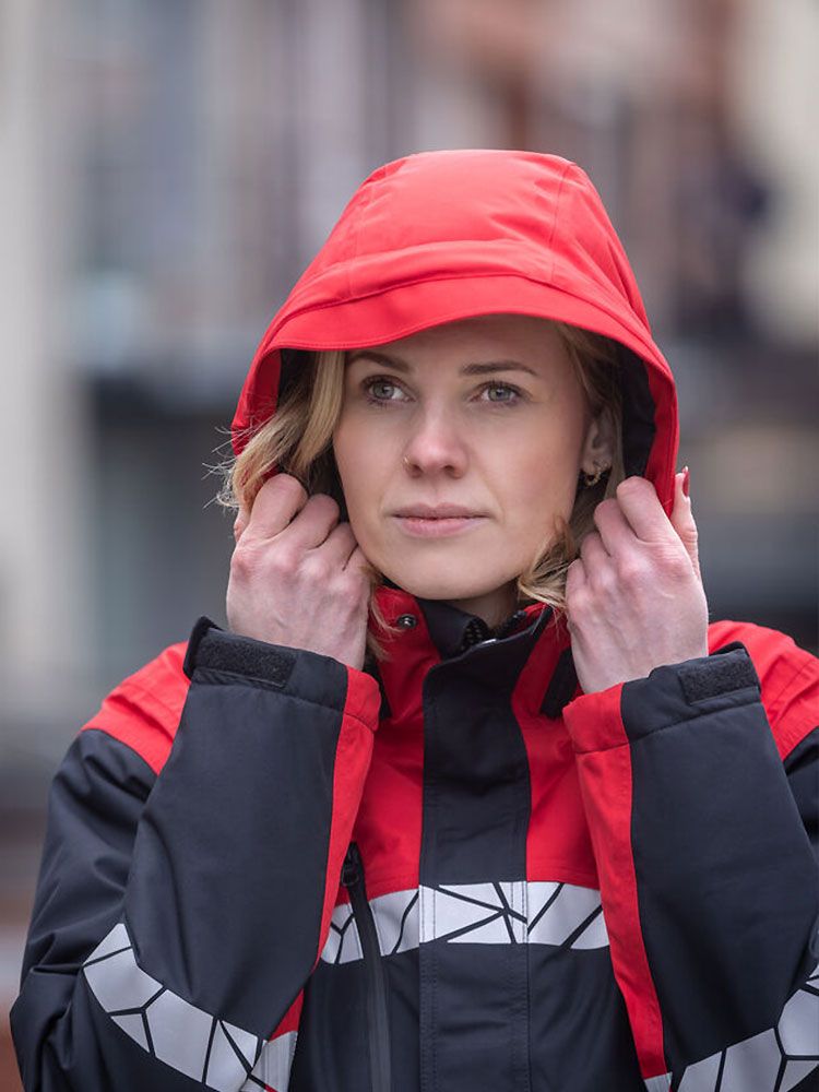 Rote Warnschutzjacke für Winter Damen mit Reflektoren, wasserabweisend und winddicht