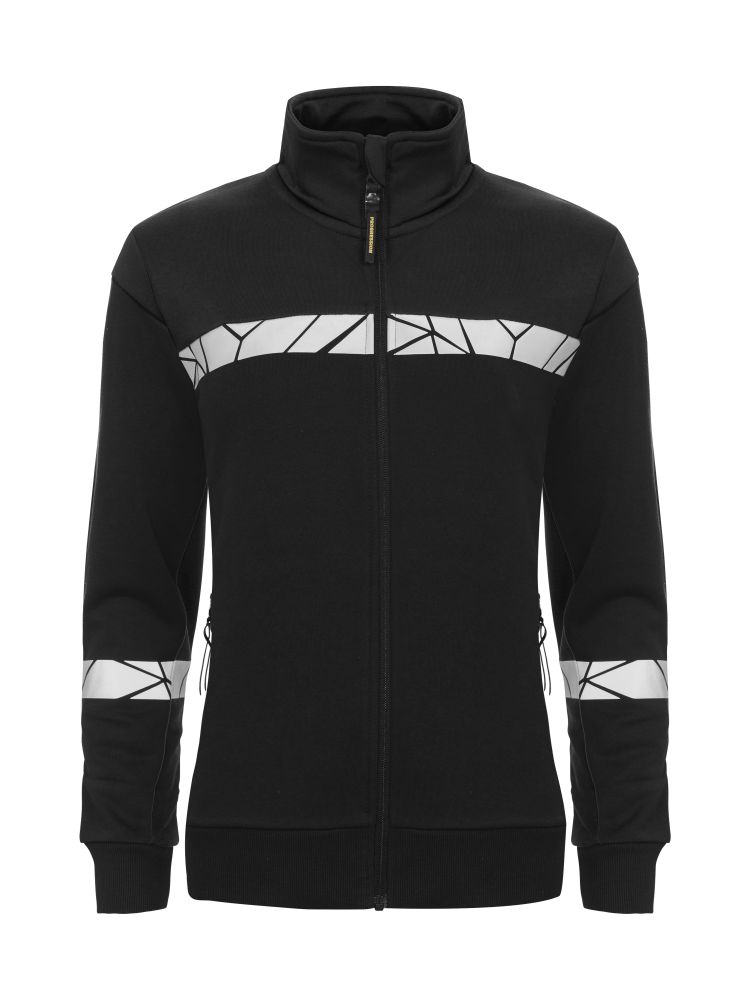 Schwarze Damen-Sweatjacke mit Reflektoren, Stehkragen und figurbetontem Schnitt