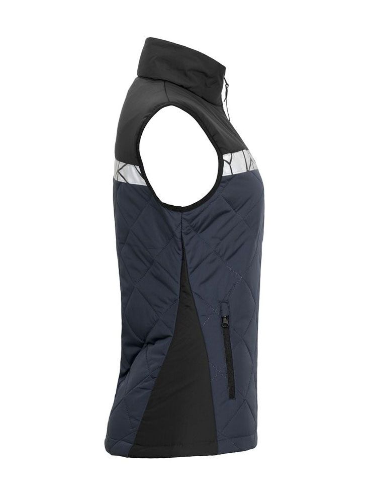 Marineblaue Damen-Steppweste mit reflektierenden Einsätzen und Reißverschlusstaschen