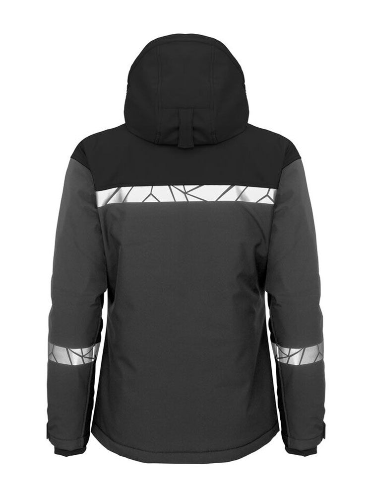 Graue Damen-Softshelljacke mit Reflektoren, sportlicher Passform und funktionalem Wetterschutz
