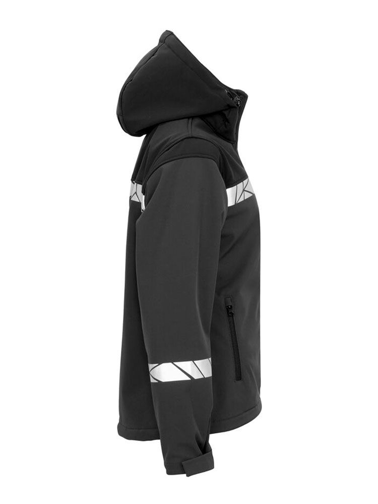 Graue Damen-Softshelljacke mit Reflektoren, sportlicher Passform und funktionalem Wetterschutz