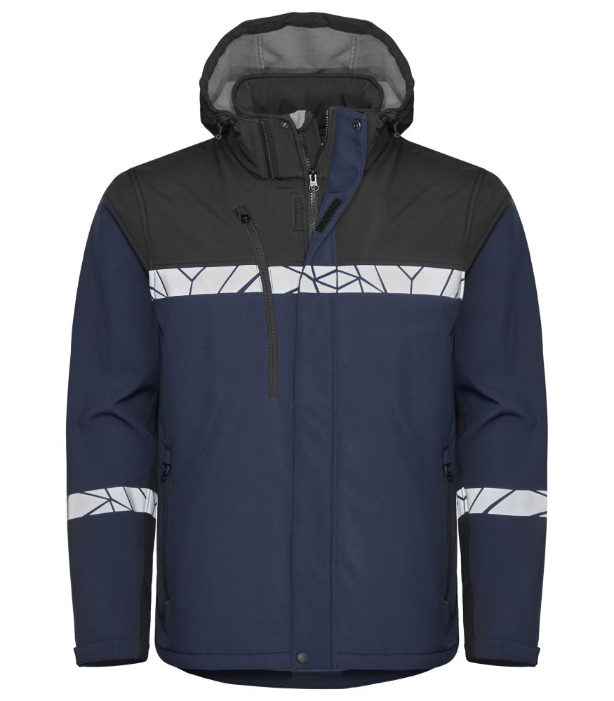 Marineblaue Herren-Softshelljacke mit reflektierenden Einsätzen und Reißverschlusstaschen