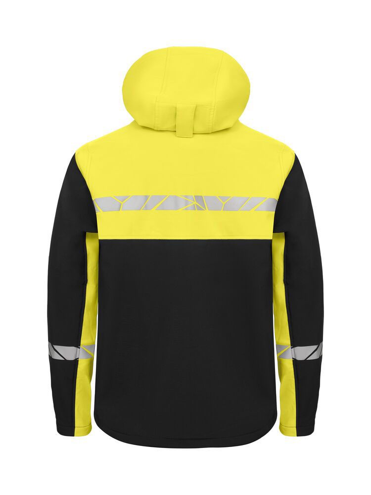 Gelbe Herren-Softshelljacke mit reflektierenden Einsätzen, Kapuze und Reißverschlusstaschen