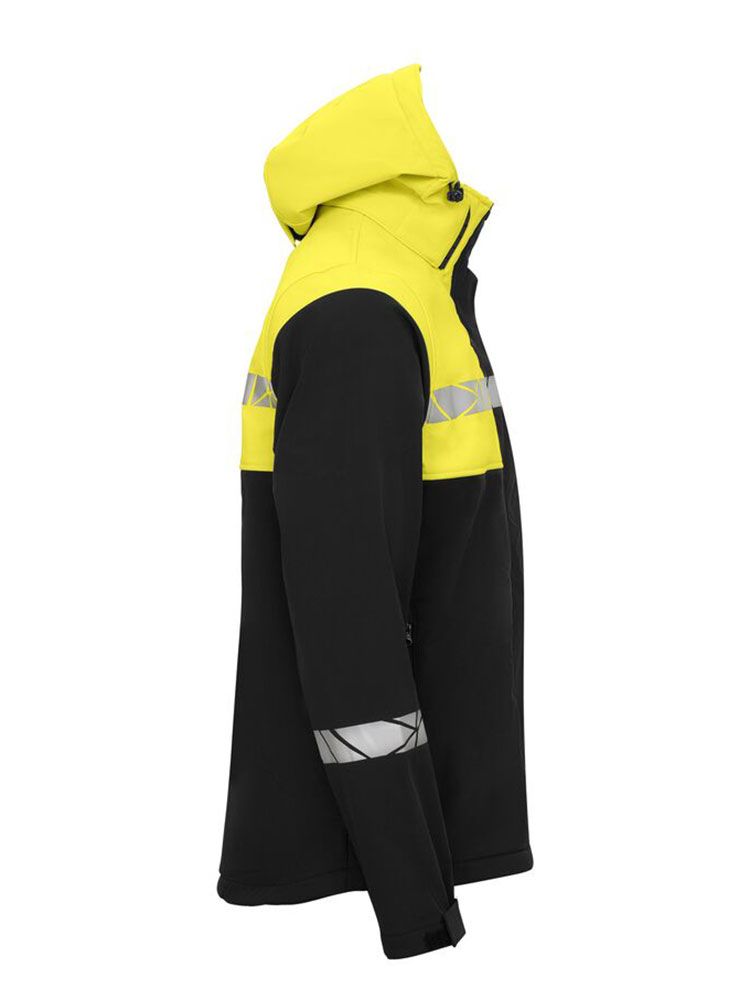 Gelbe Herren-Softshelljacke mit reflektierenden Einsätzen, Kapuze und Reißverschlusstaschen