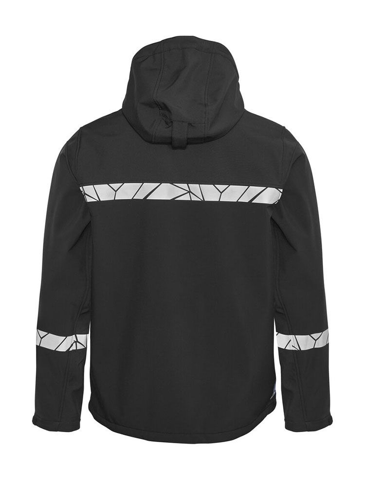 Schwarze Herren-Softshelljacke mit reflektierenden Details, Kapuze und Reißverschlusstaschen
