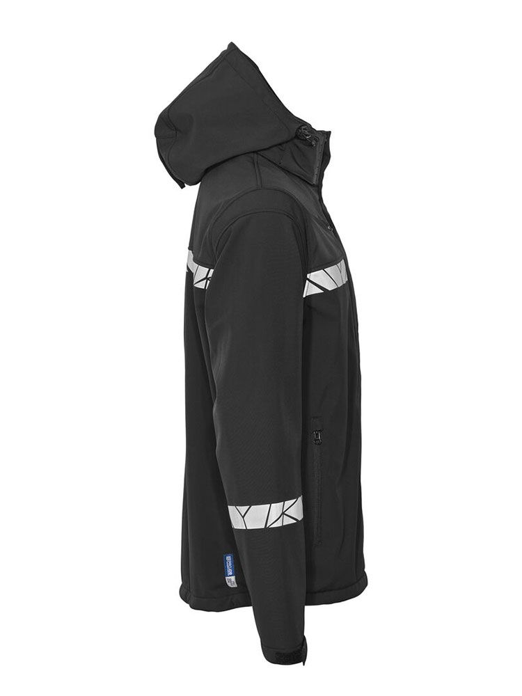 Schwarze Herren-Softshelljacke mit reflektierenden Details, Kapuze und Reißverschlusstaschen