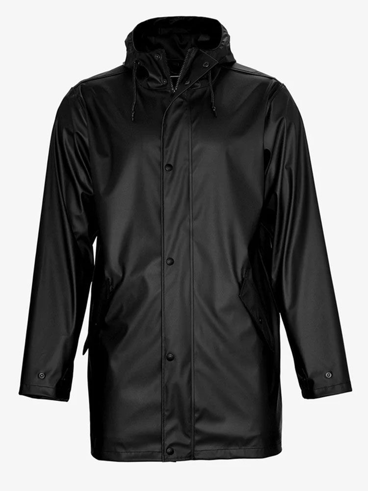 Regenmantel Unisex in Schwarz, mattes Finish, Kapuze, wasserdicht mit verschweißten Nähten