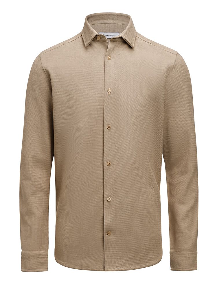 Business-Casual Herrenhemd in Khaki aus Waffelstrick, bestickbar, mit verdecktem Button-Down