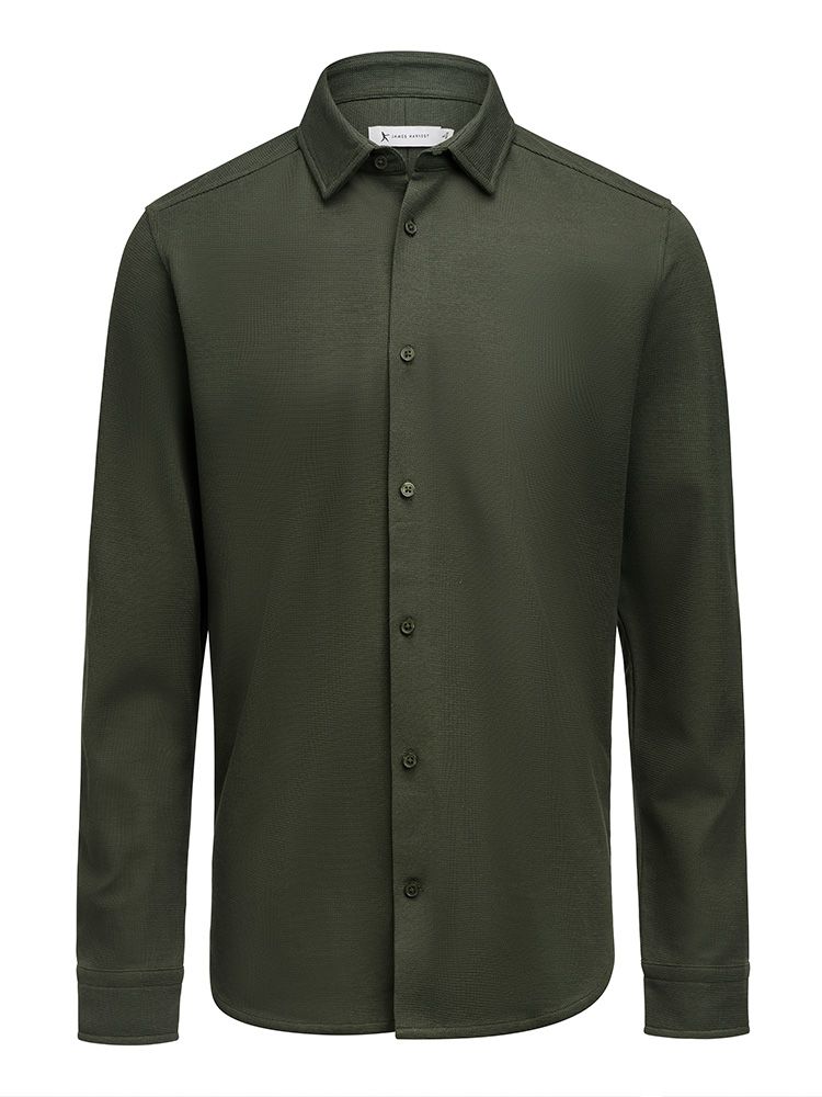 Business-Casual Herrenhemd in Tannengrün aus Waffelstrick, bestickbar, mit verdecktem Button-Down