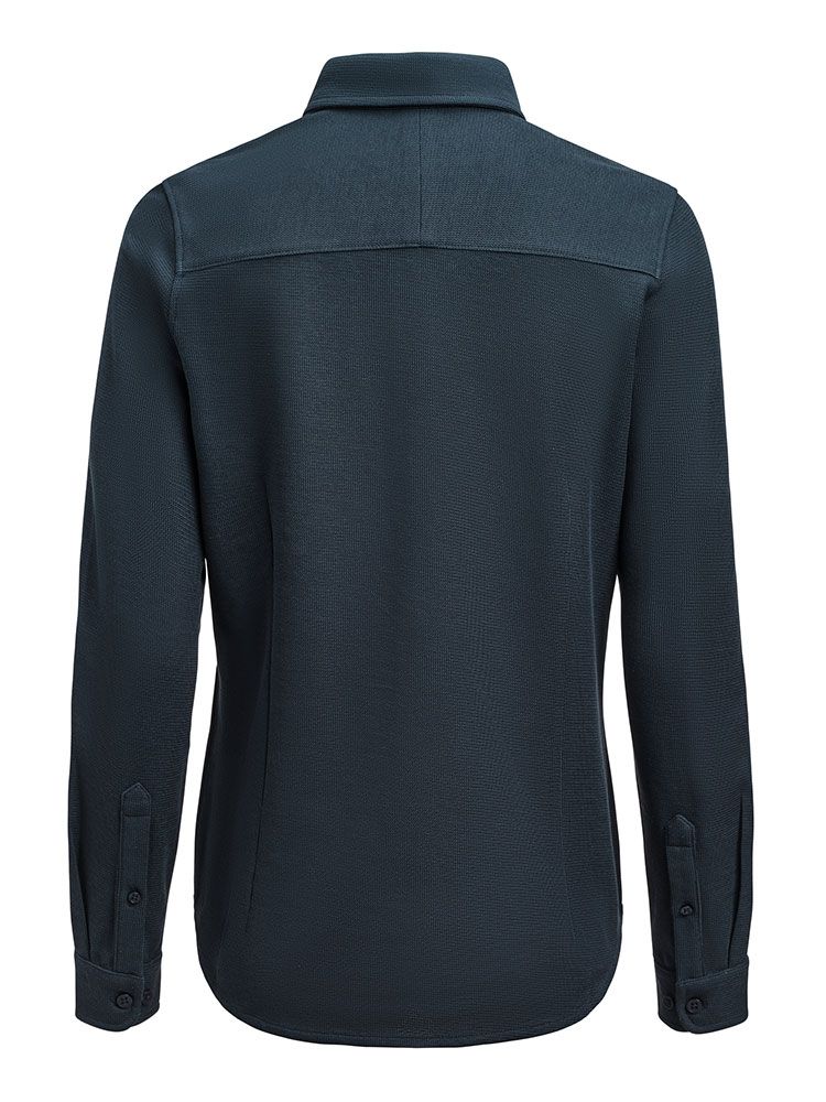 Taillierte Damenbluse in Marine Blau aus Waffelstrick mit verdecktem Button-Down-Kragen