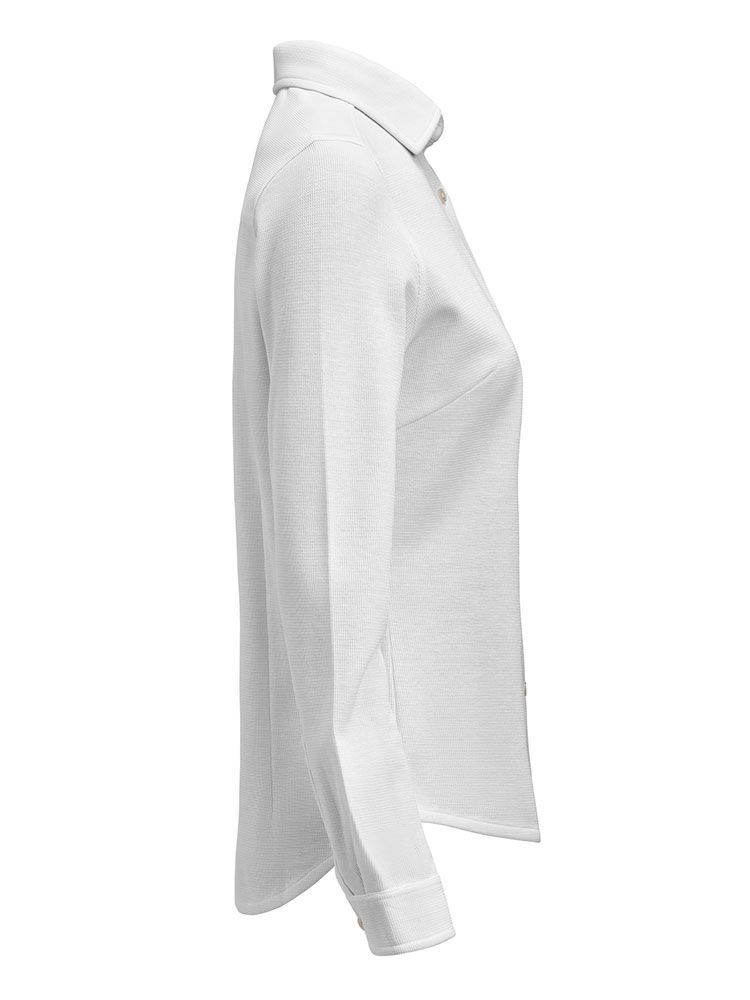 Taillierte Damenbluse in Weiß aus Waffelstrick mit verdecktem Button-Down-Kragen