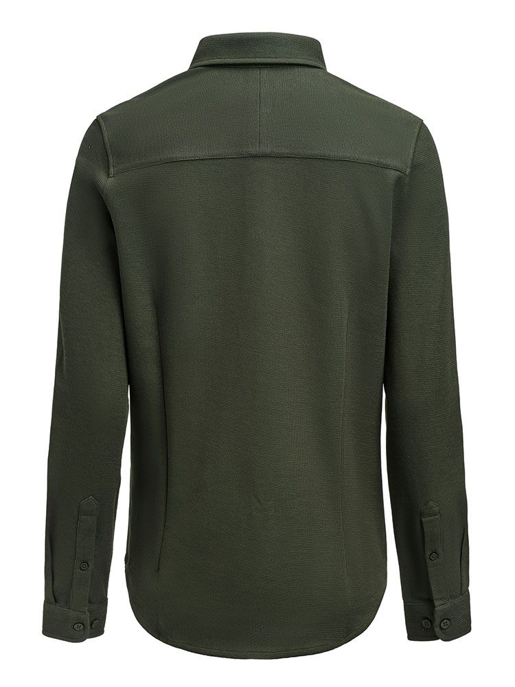 Taillierte Damenbluse in Tannengrün aus Waffelstrick mit verdecktem Button-Down-Kragen