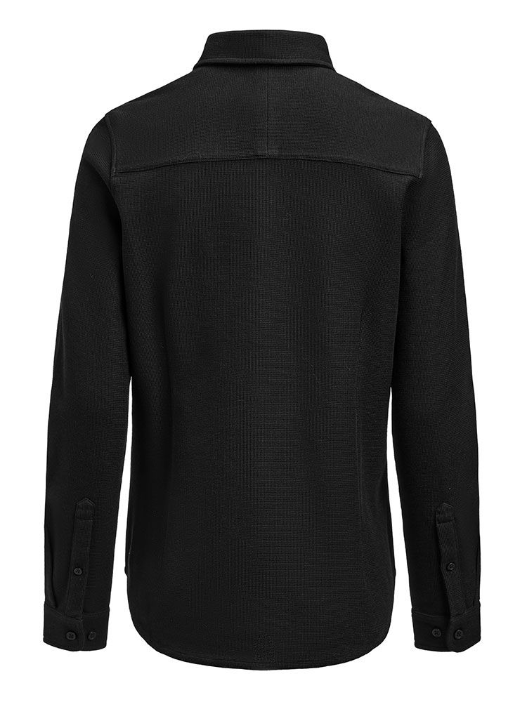 Taillierte Damenbluse in Schwarz aus Waffelstrick mit verdecktem Button-Down-Kragen