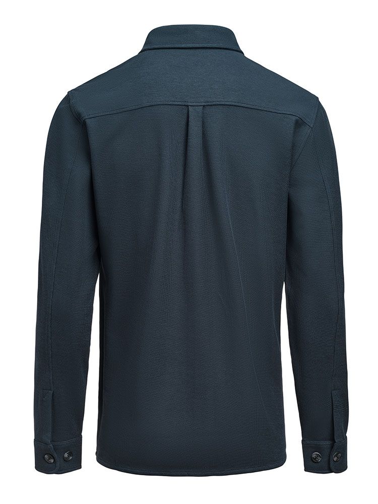 Unisex Overshirt in Marine Blau aus Waffelstrick mit Brusttaschen und kontrastfarbenen Knöpfen