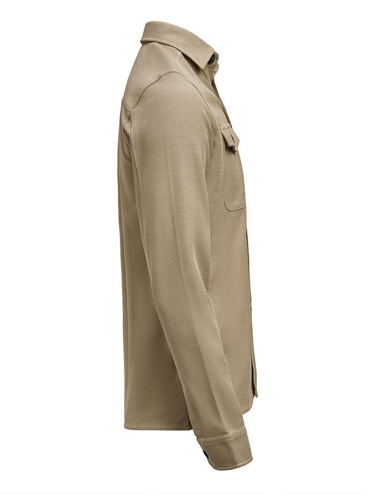 Unisex Overshirt in Khaki aus Waffelstrick mit Brusttaschen und kontrastfarbenen Knöpfen